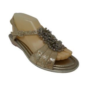 Alex Marie Metallic Gold Leather Jeweled Open Toe Slingback Wedge Sandals